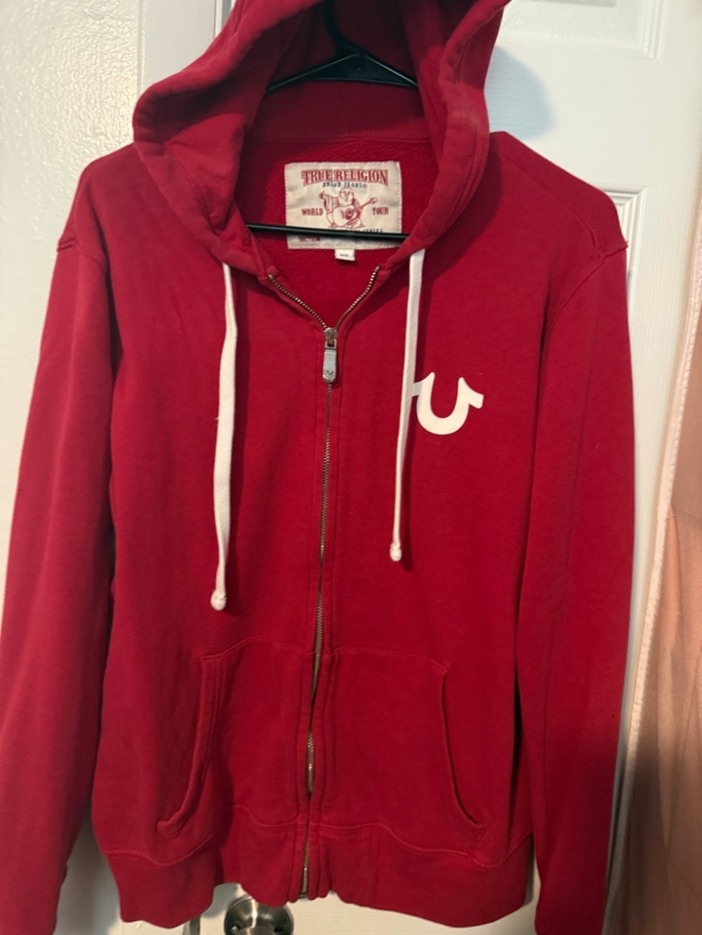 True Religion Red Hoodie with White Logo and Drawstrings